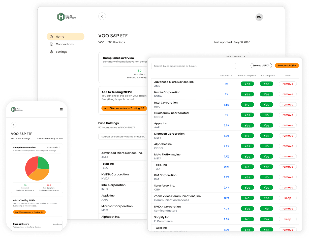 Halal Screener app on desktop and mobile showing fund screening and holdings