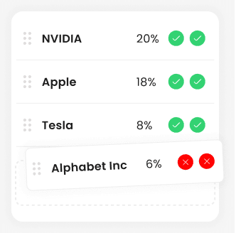 Stock list showing NVIDIA, Apple, Tesla, and Alphabet with allocation percentages